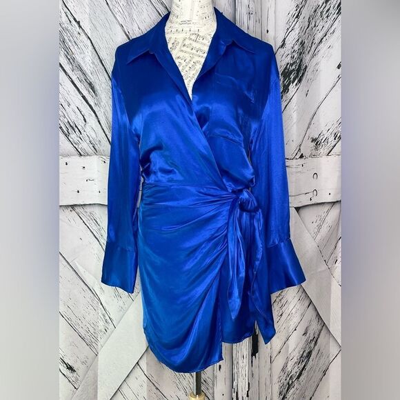 Zara Satin Effect Wrap Dress Mini Blue M - Picture 2 of 11